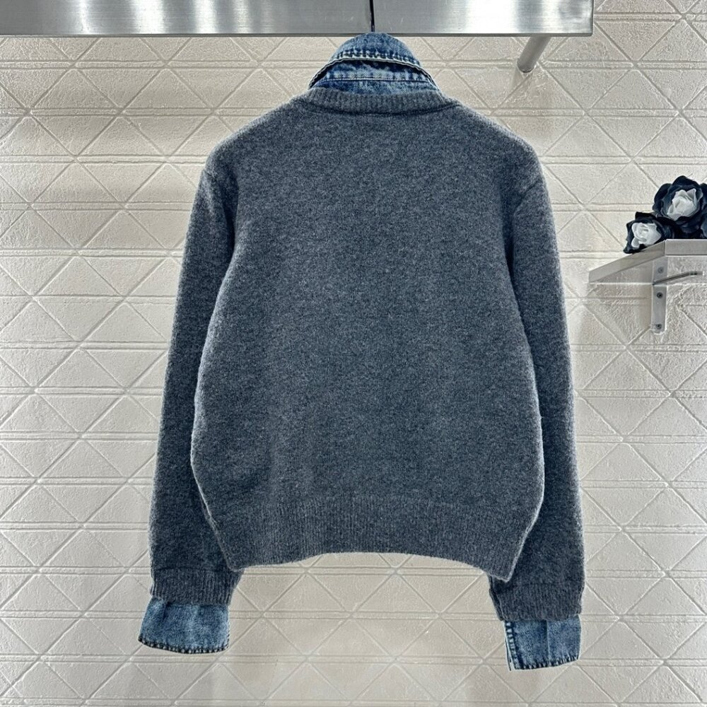 Miu Miu ♥ 2025 New Denim Patchwork Collared Knit Cardigan - Picture 6 of 8